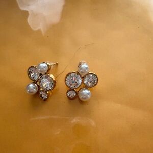 Gold Pearl and Crystal Cluster Stud Earrings